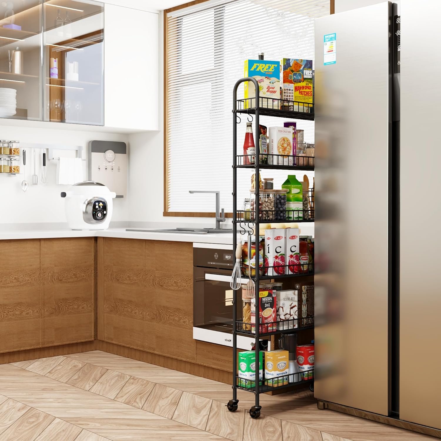 Slim rolling storage cart with wheels, metal 6-tier spice rack style