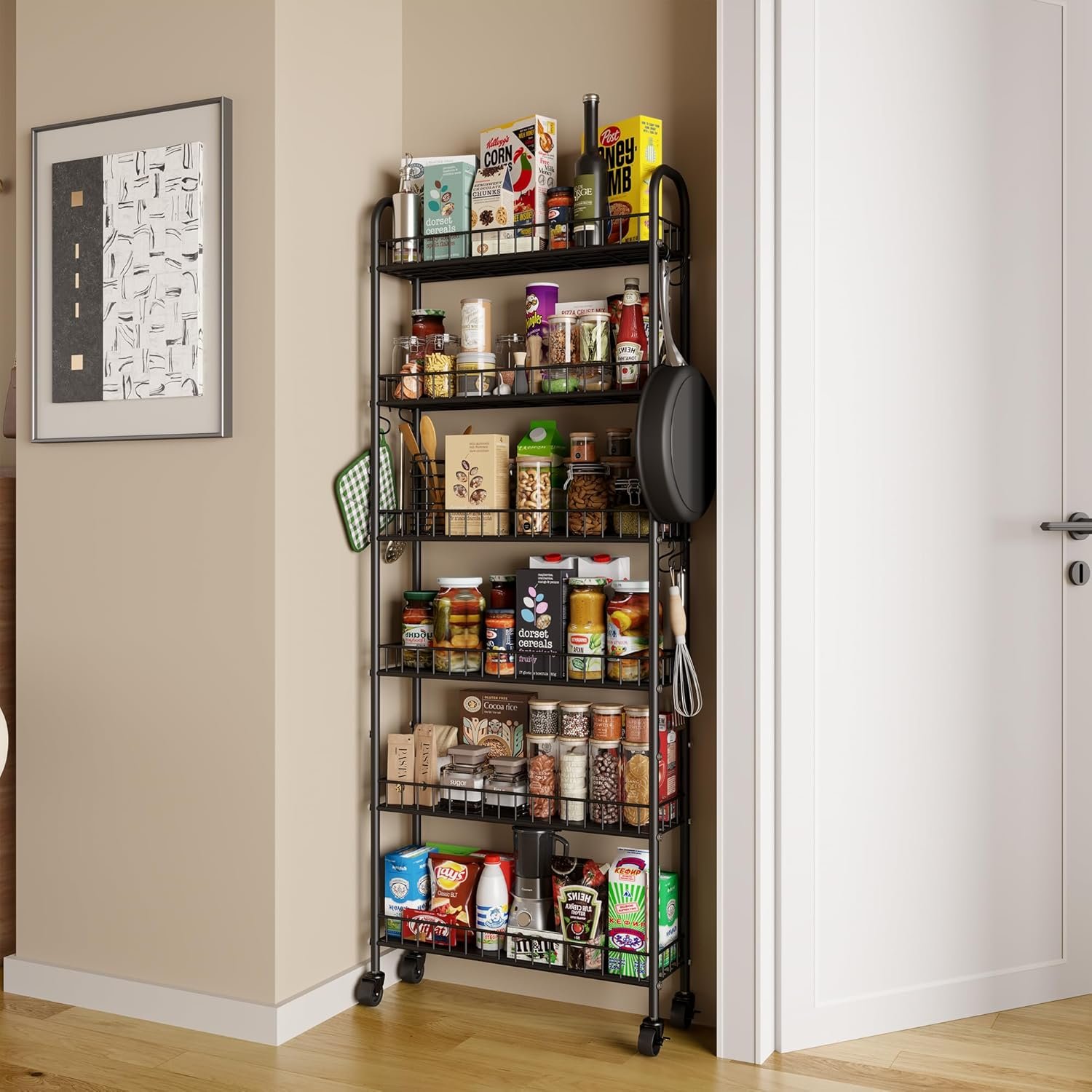 Slim rolling cart fitted into a narrow gap beside a fridge