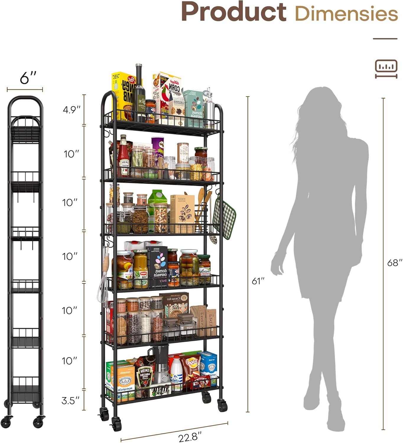 Slim rolling cart loaded with pantry items and spices