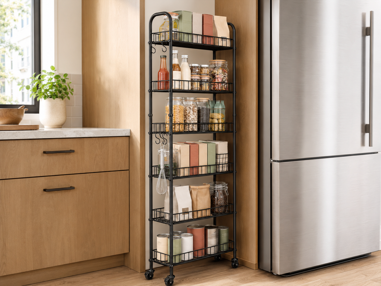 Slim rolling storage cart with wheels tucked into a narrow gap beside a refrigerator