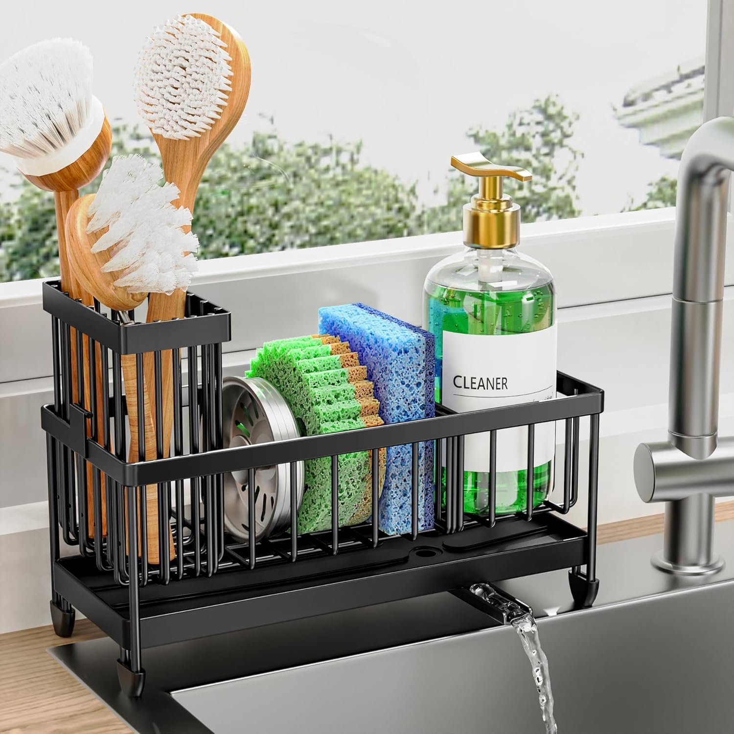 Cisily stainless steel sponge holder mounted at a kitchen sink
