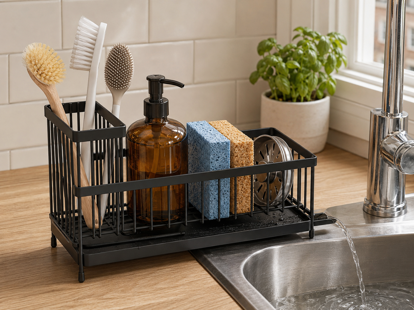 Suction-mounted sponge holder attached to the inside edge of a kitchen sink