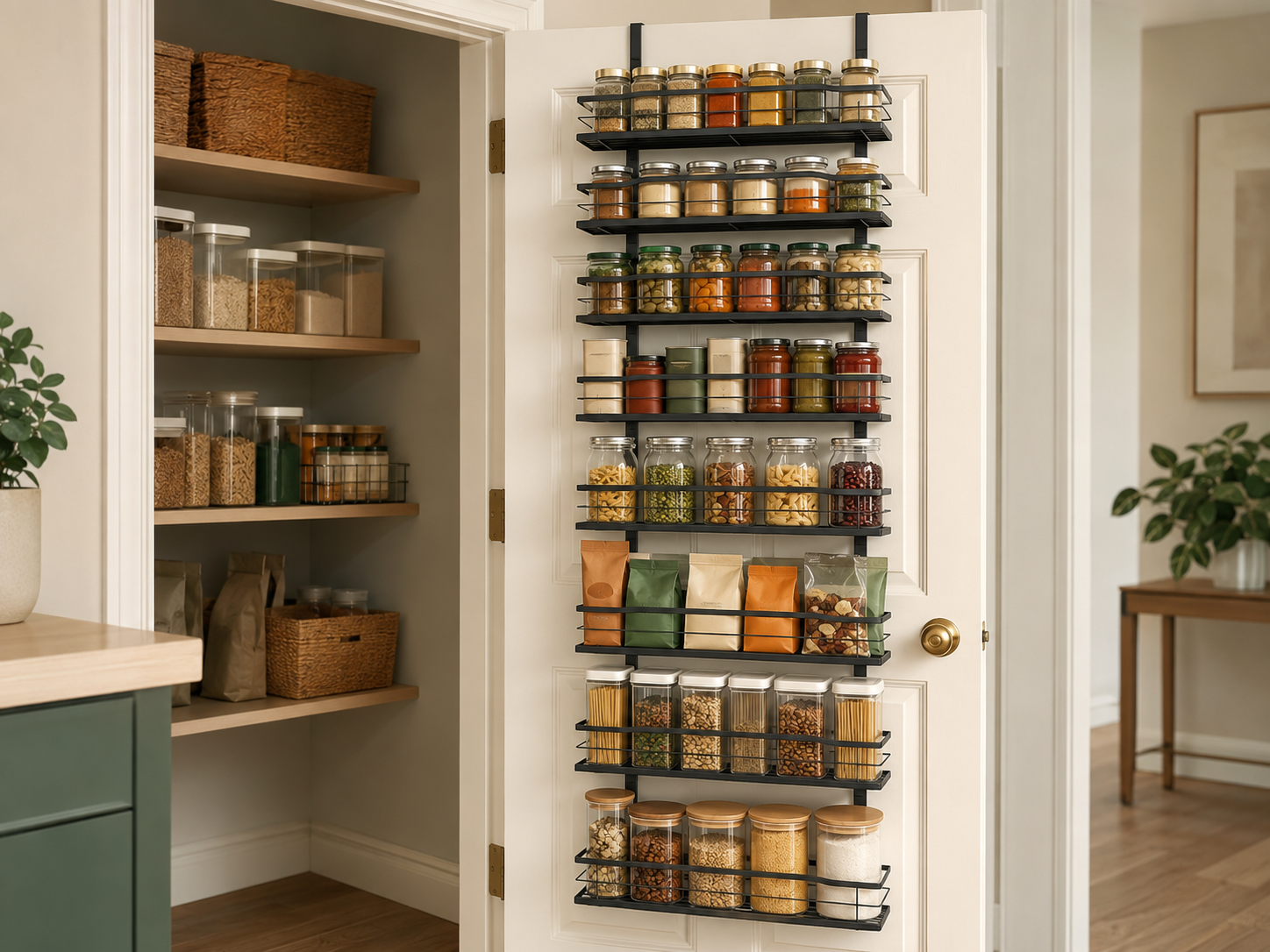 Hanging over-the-door organizer with clear pockets holding pantry essentials