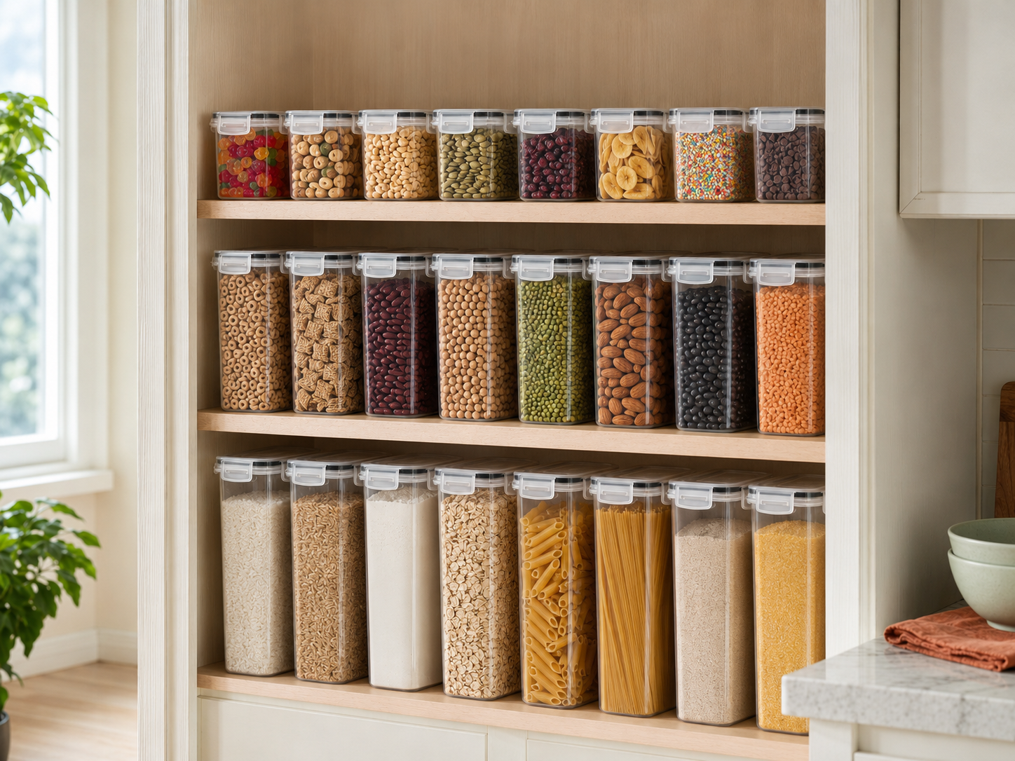 Matching clear airtight food storage containers lined up on a pantry shelf