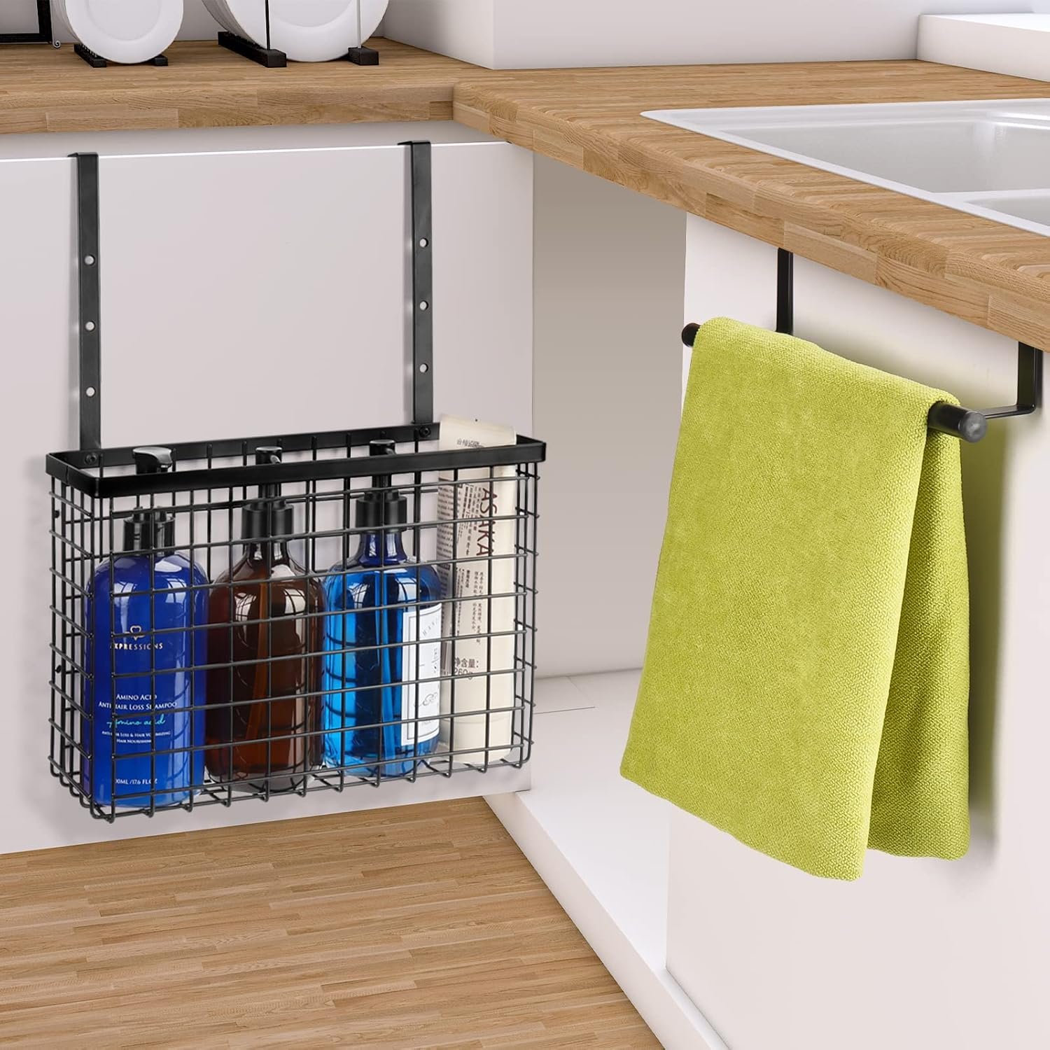Cabinet door organizer holding pot lids and cutting boards upright