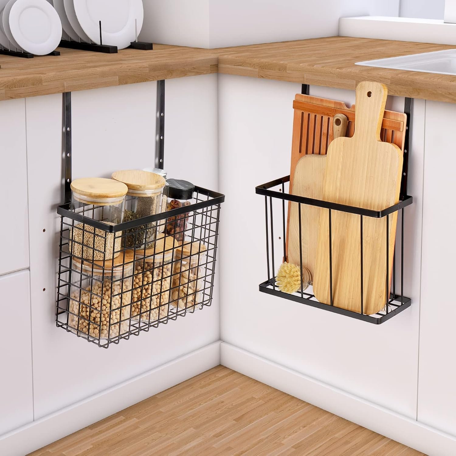 Cabinet door organizer holding foil and wrap boxes upright