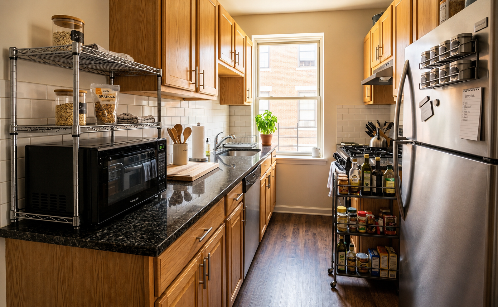 Small renter-friendly apartment kitchen with a microwave rack, magnetic spice rack, and rolling cart storage solutions