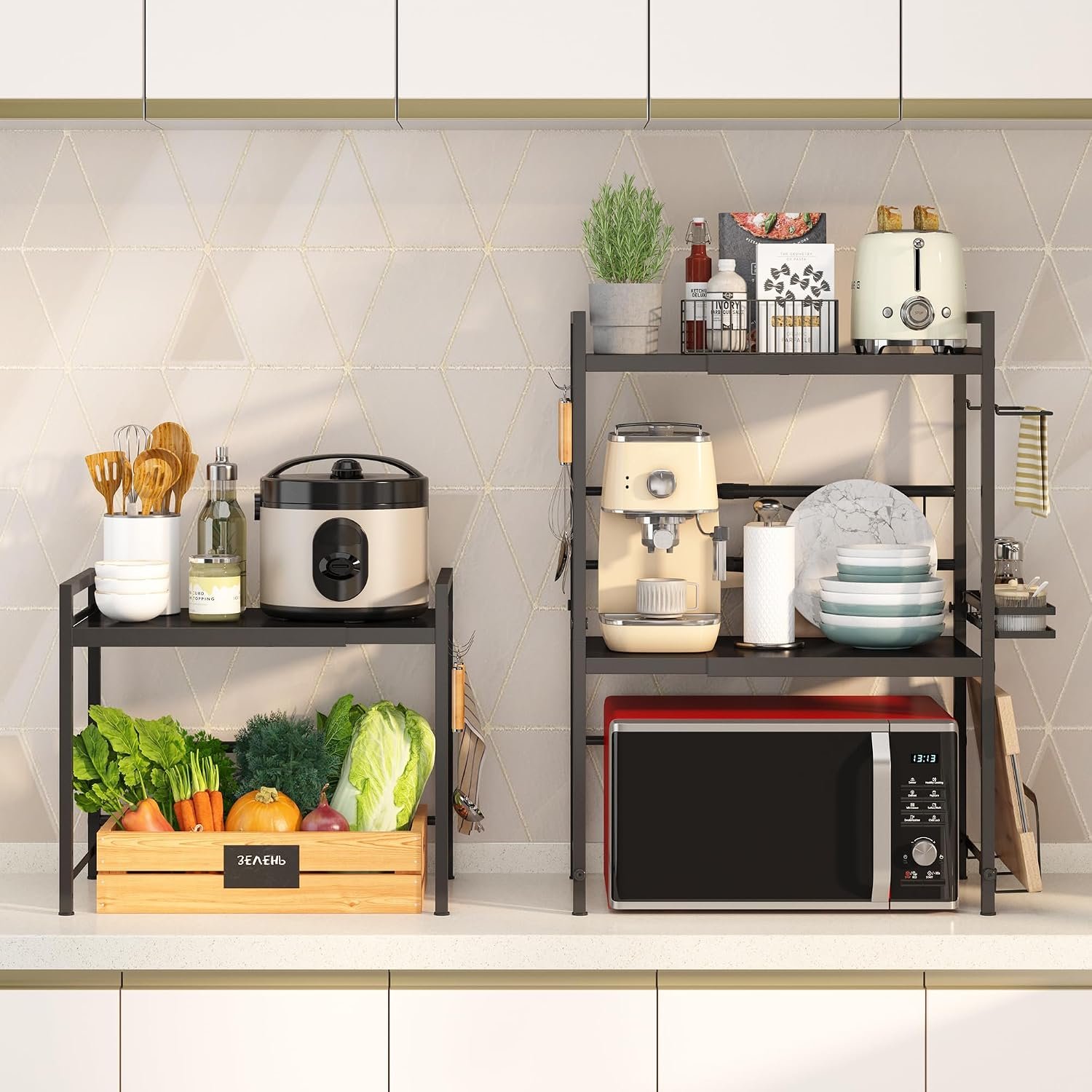 DOLALIKE microwave rack used in a full kitchen countertop setup alongside other small appliances