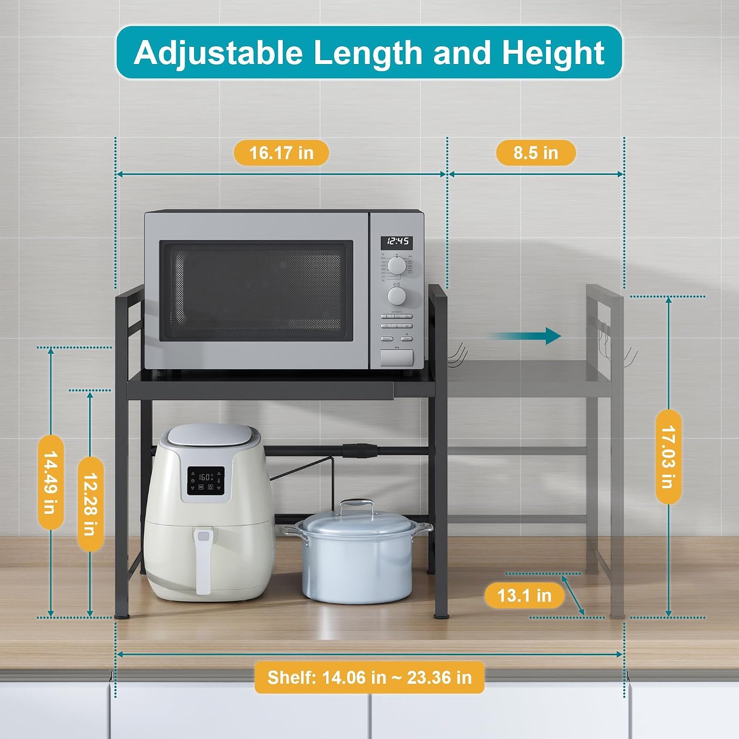 Diagram showing adjustable length and height measurements of the microwave rack