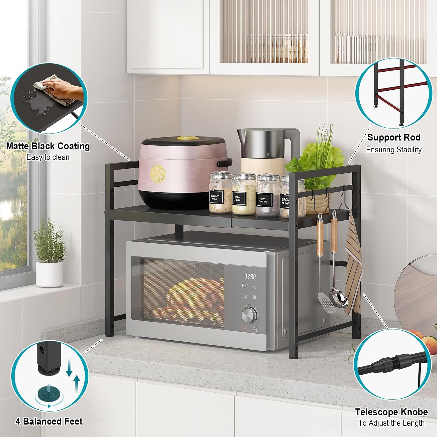 Close-up of rack features including coated frame, support rod, adjustable feet, and width control