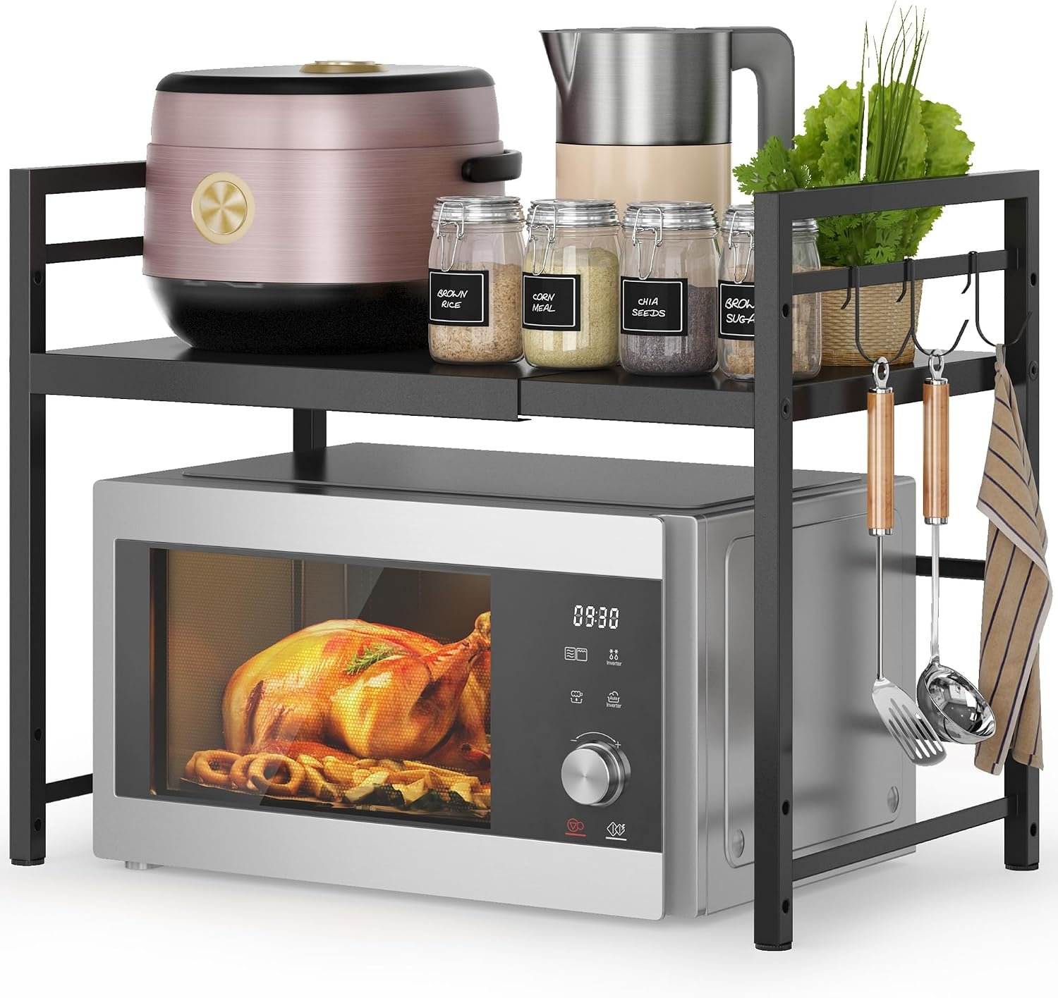 Small apartment kitchen organization rack styled on a counter with rice cooker, kettle, and pantry jars