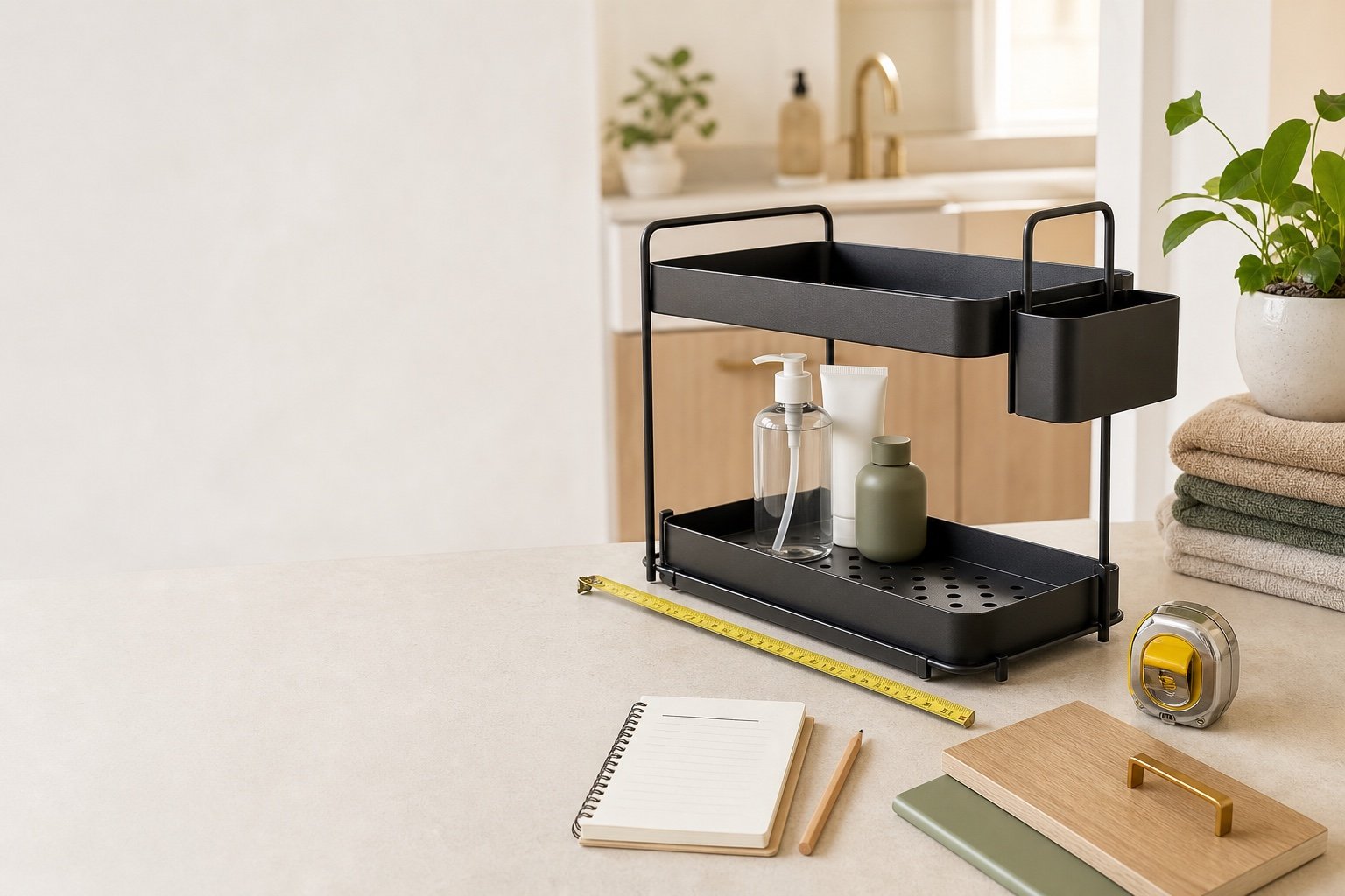 Renter friendly storage ideas: a compact organizer being measured before selection